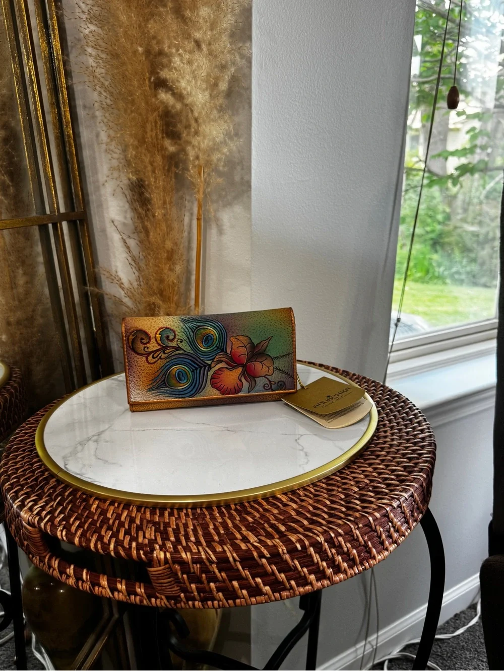 Anuschka Hand-Painted Peacock & Floral Card Holder - Teal, Blue, Green, Orange